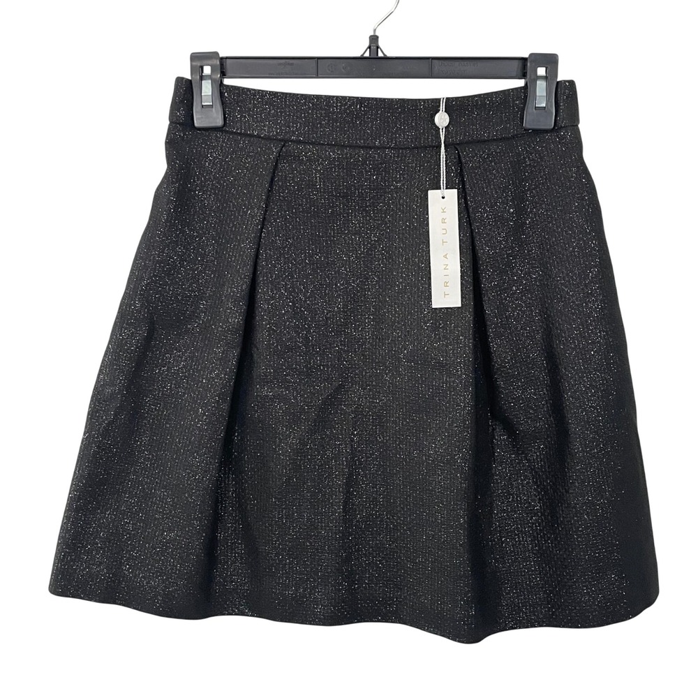 NWT Trina Turk Black Sparkle Pleated A Line Mini Skirt‎ Size 2 Holiday Party